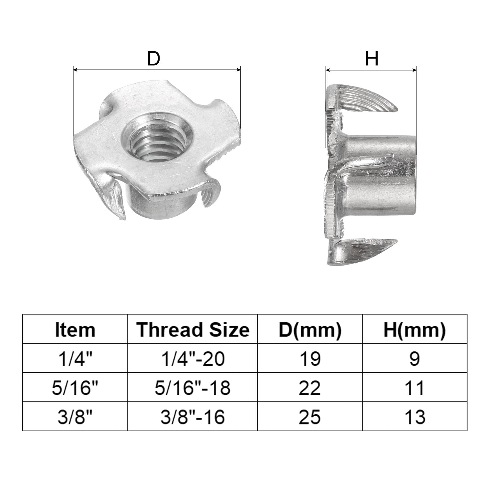 Uxcell T-nut 120 Pack 1/4"-20, 5/16"-18, 3/8"-16 Zinc Plated Steel 4 Pronged Tee Nuts