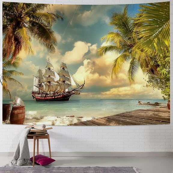 BCIIG Pirate Ship Tropical Beach Palm Trees Tapestry Wall Hanging 40x30inch