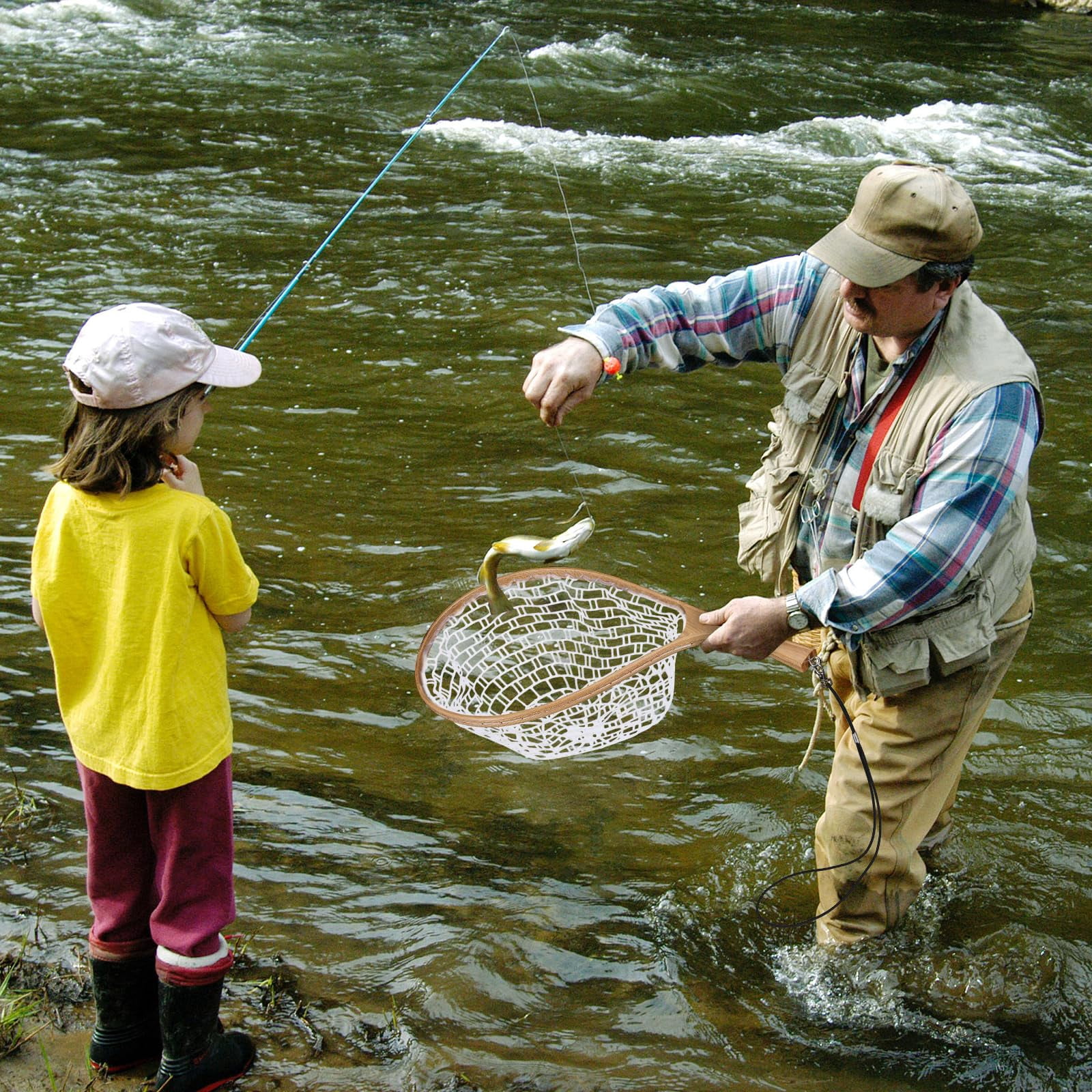 Fly Fishing Net Trout Net, Soft Mesh Fishing Net, Fish Landing Net with Safety Rope Lanyard, Lightweight Catch and Release Net for Trout, Bass,56*27*1.8cm