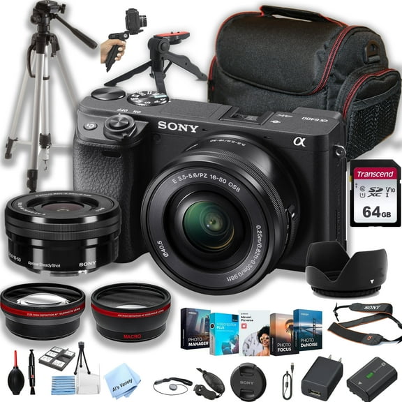 Sony a6400 Mirrorless Camera with 16-50mm Lens   64GB Memory   Case  Steady Grip Pod   Tripod   Macro   2X Lens   Software Pack   More (34pc Bundle)
