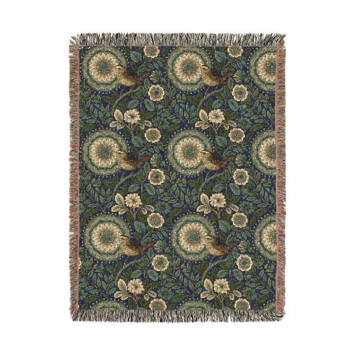Vintage Botanical Bird and Floral Slate Blue Woven Throw Blanket 100% Cotton Traditional Sofa and Bed Decor