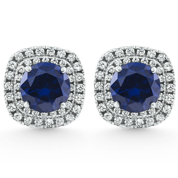 Pompeii 2.65Ct Cushion Halo Blue Sapphire Diamond Studs 14k White Gold Earring Lab Grown