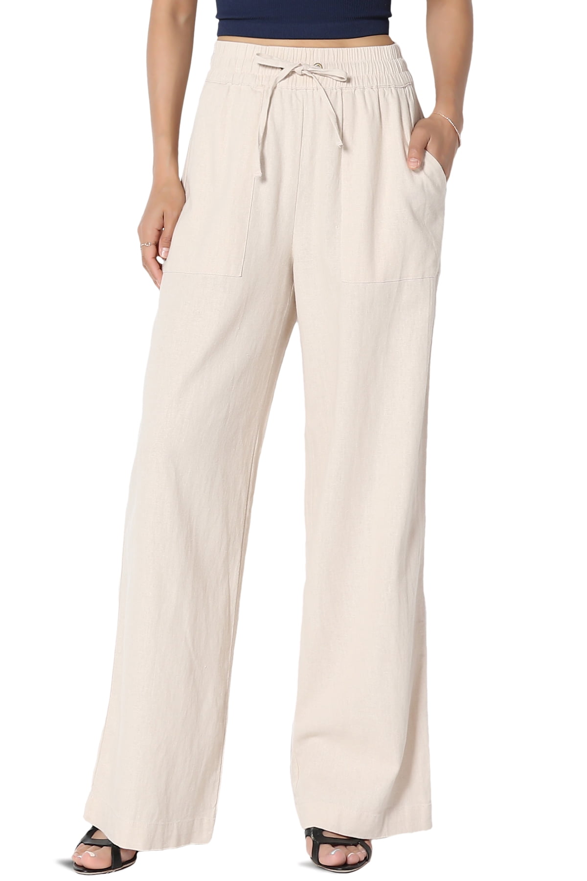 TheMogan Women's S~3X Drawstring Elastic Waist High Rise Linen Wide Leg