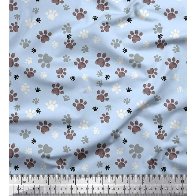 Soimoi Blue Velvet Fabric Paw Dog Printed Fabric 1 Yard 58 Inch Wide