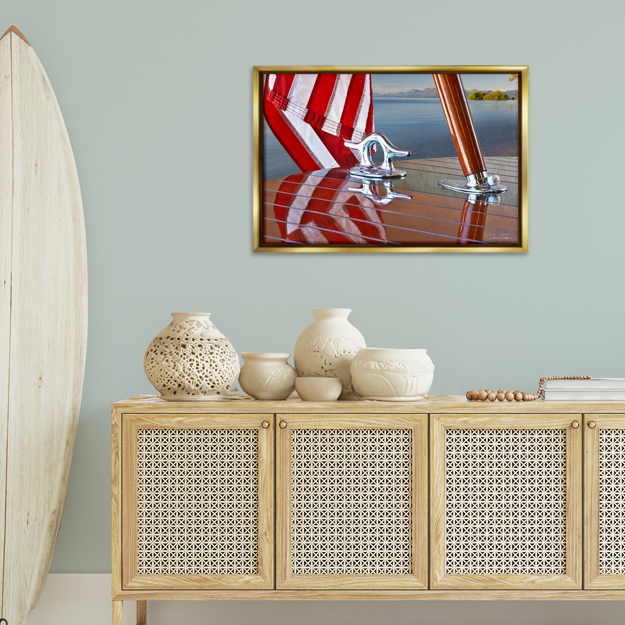 Stupell Industries Flag On Boat Hull Transportation Photography Gold Floater Framed Canvas Art Print Wall Art, 31 x 21