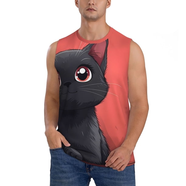 Fotbe Cute Black Kitten Cartoon Men's Camiseta sin Mangas Estampada para Hombres, Playera Casual para Gimnasio, Entrenamiento, Playa-Medium