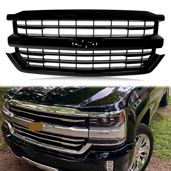 For 2016-2018 Chevrolet Silverado 1500 High Country Style Front Upper Grille Grill Gloss Black