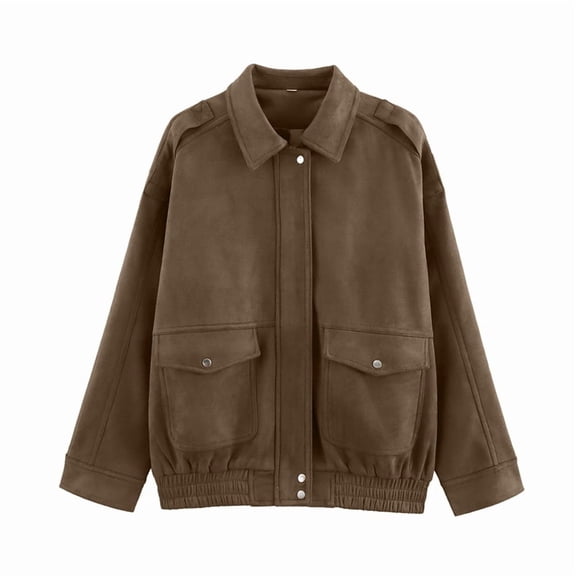 Women'S Faux Suede Jacket Spring and Autumn Long Sleeves Y2K Outerwear Coat with Pockets Brown S