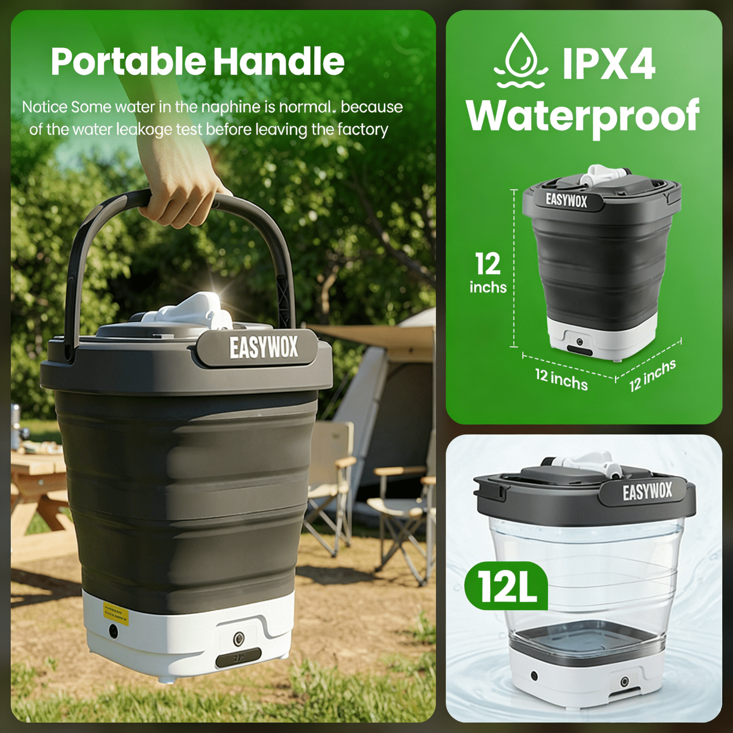 EasyWox Cordless Electric Pressure Washer, Foldable Portable, 3.2 gal Tank, 290 PSI, 4-in-1 Nozzle, Type-C Charging for Camping Car Bike Pet Garden
