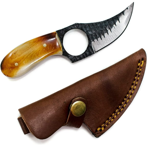 Titan International Knives 1080 High Carbon Steel Skinning Knife with Burnt Bone Handle Material Fixed Blade Skinner Perfect EDC Hunting and Outdoor Camping with Leather Sheath