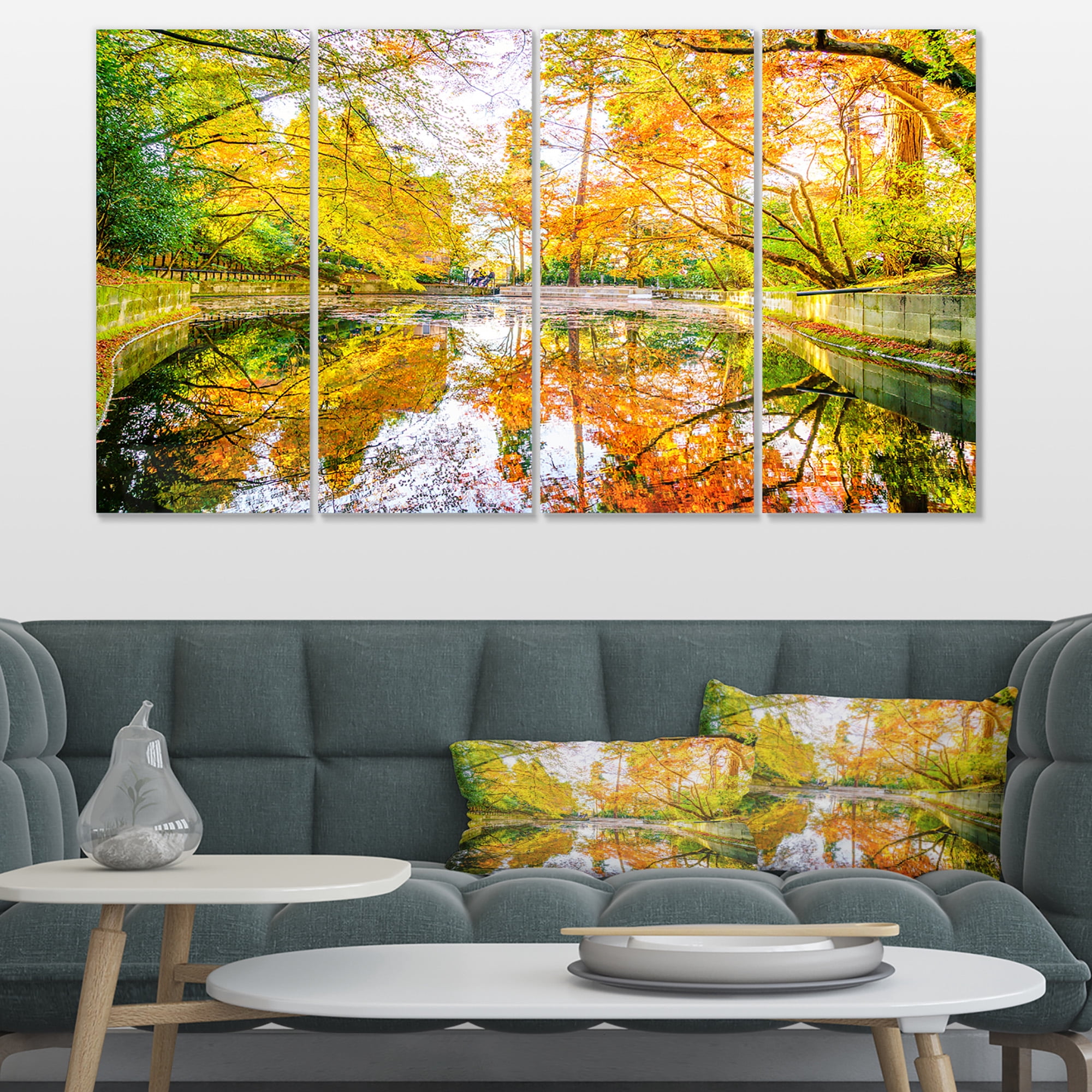 Designart 'Bright Fall Forest with River ' Landscape Canvas Art Print
