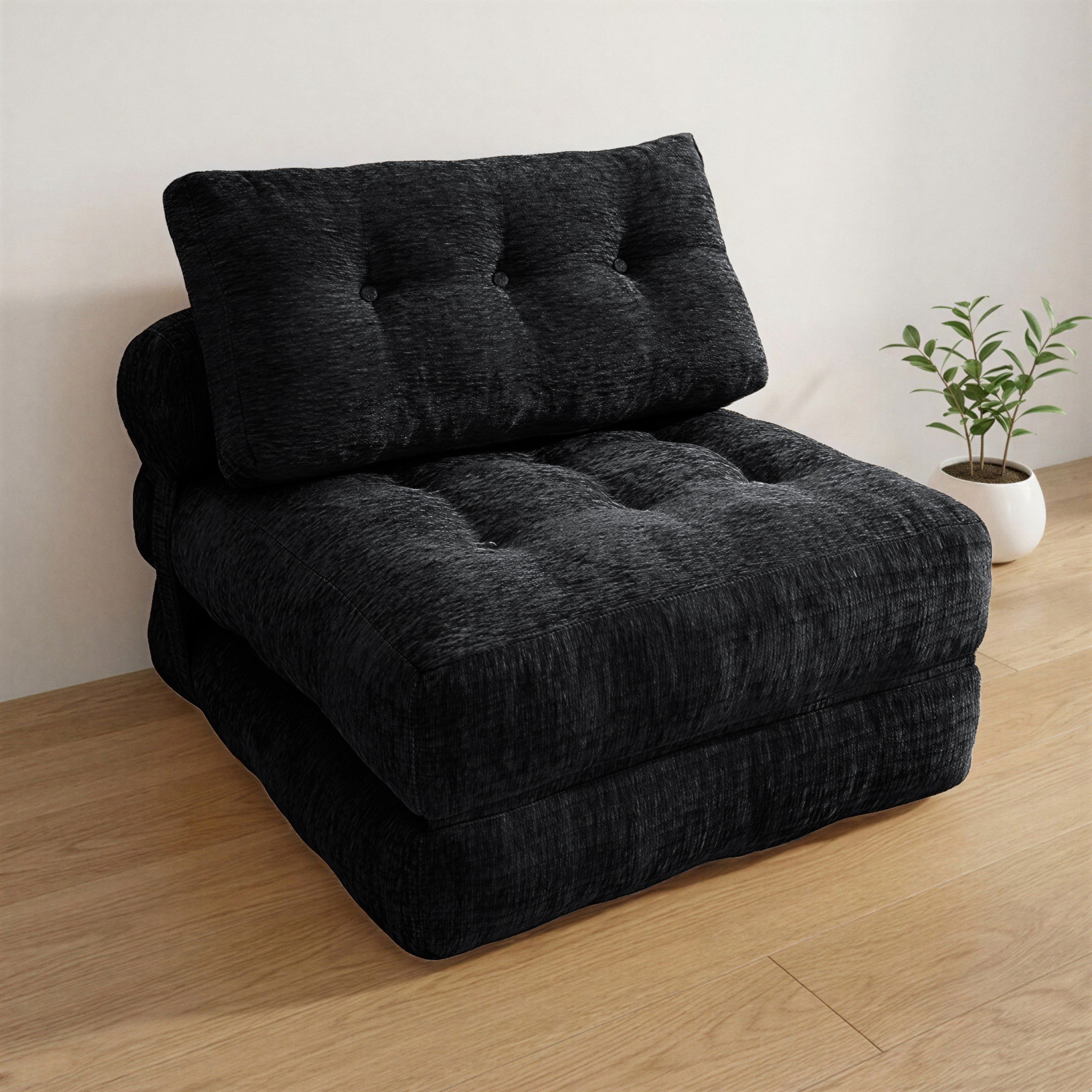 Oak and Birch Boneless Folding Sofa Bed, Convertible Floor Futon Chaise Lounge & Sleeper Bed, Shredded Foam Floor Couch for Living Room, Bedroom, Kids Room, Apartment, Chenille, Black
