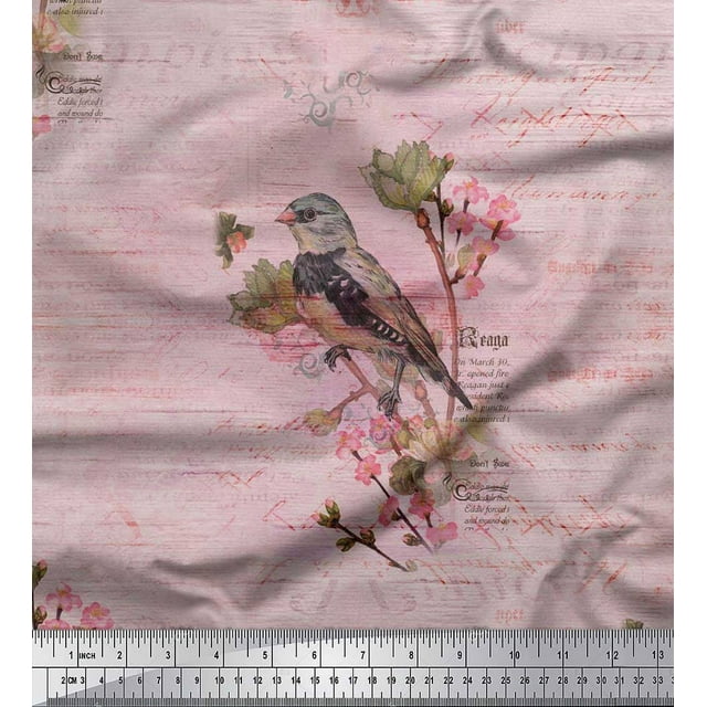 Soimoi Silk Fabric Text,Floral & European Greenfinch Bird Printed Fabric 1 Yard 42 Inch Wide