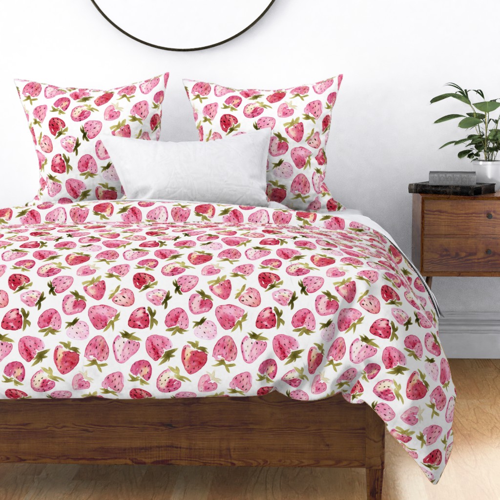 Cotton Sateen Duvet Cover, Twin Strawberries Watercolor Fruit Summer