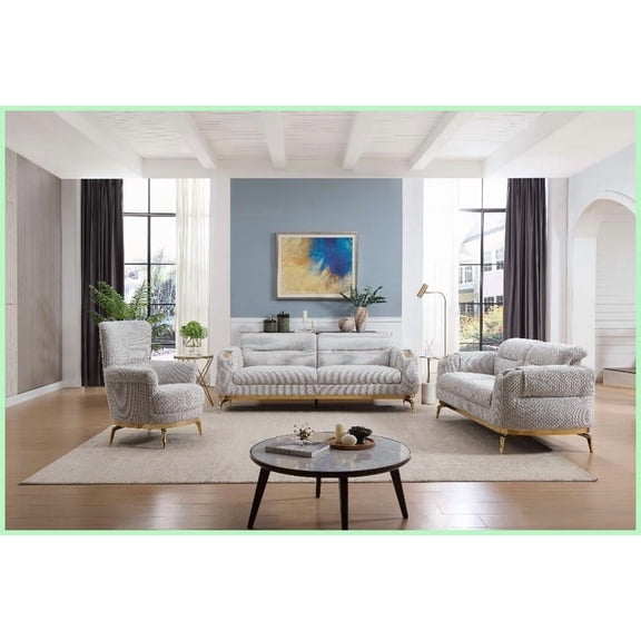 Zoe Modern 3PC Gray Chenille Living Room Set – Sofa, Loveseat, Chair with Gold Accents & Lumbar Support