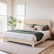 Einfach Queen Size Beige Fabric Upholstered Bed Frame with Adjustable Headboard, No Box Spring Needed, Low