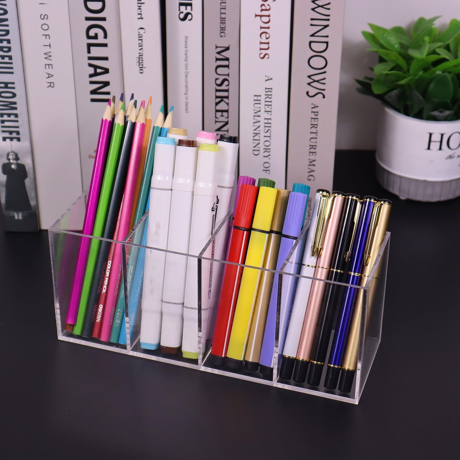 2 Pcs Acrylic Makeup Brush Holder, 4 Compartments Clear Desk Pen Pencil Holder Organizer, Stationery Accessories Drink Packets Organizer Caddy for Home Office Vanity Bathroom Kitchen