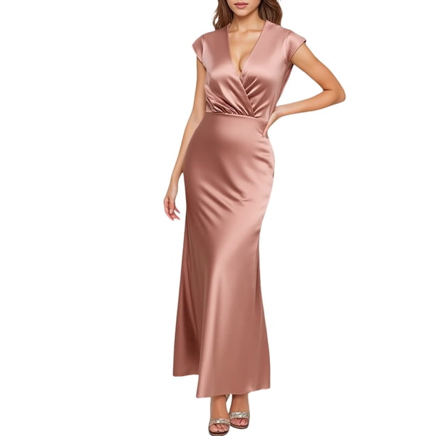 Vestido largo sin espalda con cuello en V de satén para mujer - Elegante para invitada de boda