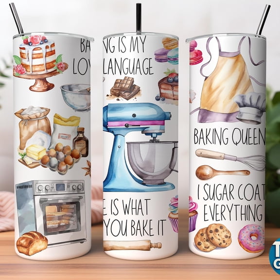 [NO STRAW] Baking 20oz Skinny Coffee Tumbler, Cute Baker Tumbler Cup, Baking Lover Gift, Mama Coffee Cup, Kitchen Baking Drinkware Gift for Mom