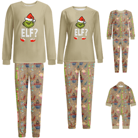 

Matching Family Christmas Pajamas The Grinch Khaki Printed Sizes for Adult-Kids-Baby-Pet 2 Pieces Top and Pants Bodysuits Pajamas Sets