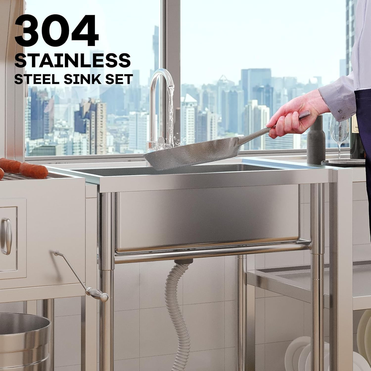 EastVita Stainless Steel Free-Standing Single Bowl Utility Laundry Sink with Faucet, Drainboard, Storage and Hot/Cold Water Plumbing for Restaurant, Workshop