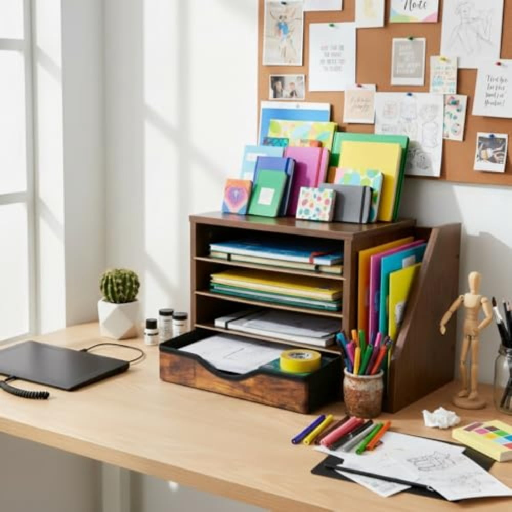 Wooden Desk Organizer with Drawers Wood Desk Organizers and Accessories 4 Tier Desk Organizer with Adjustable Shelves Paper File Mail Organizer for Home Office Brown