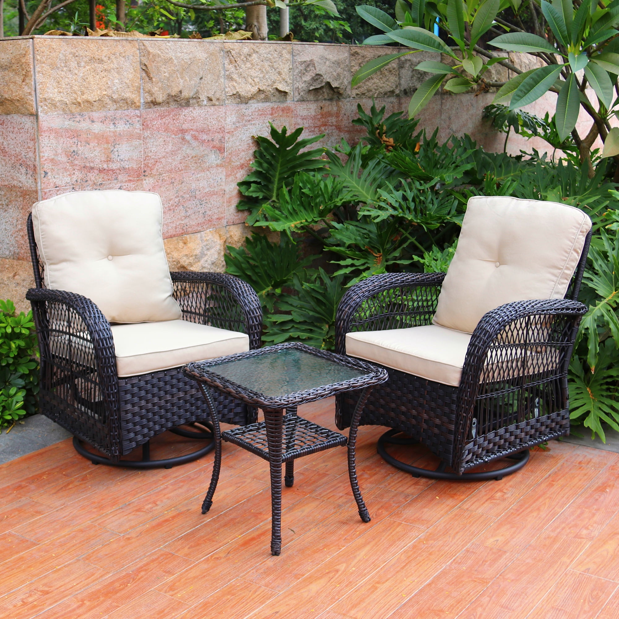 Abble Swivel Conversation 3 Piece Rattan Seating Group Set with Cushions - Walmart.com