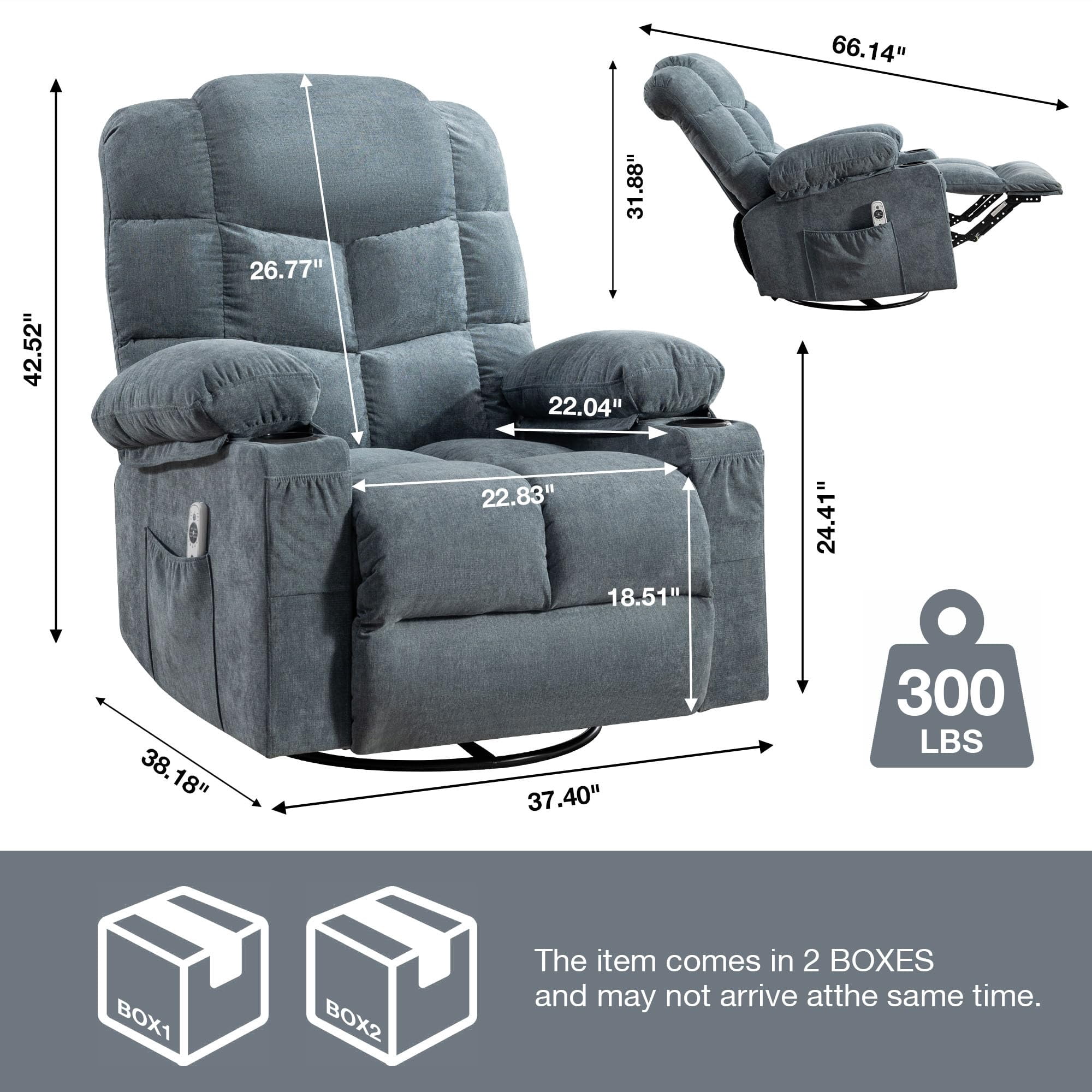 CARZZI LIFE Oversized Massage Swivel Recliner Chair with Lumbar Heating for Living Room Rocker Recliner Single Sofa with Cup Holders and USB Charge Port, Large Big Chair Recliners for Adult
