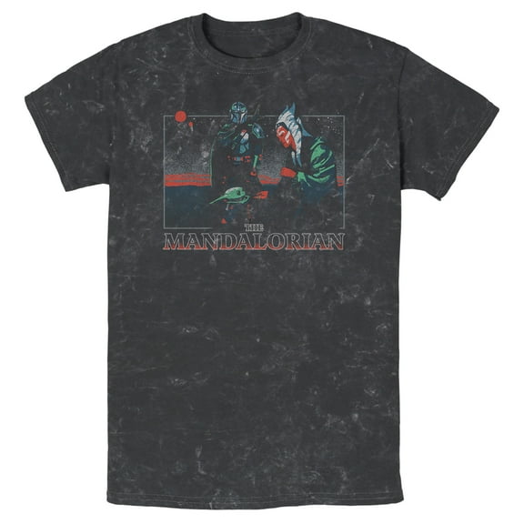 Men's Star Wars: The Mandalorian Retro Sunset with Grogu and Ahsoka  Graphic Tee Black Mineral Wash 2X Large