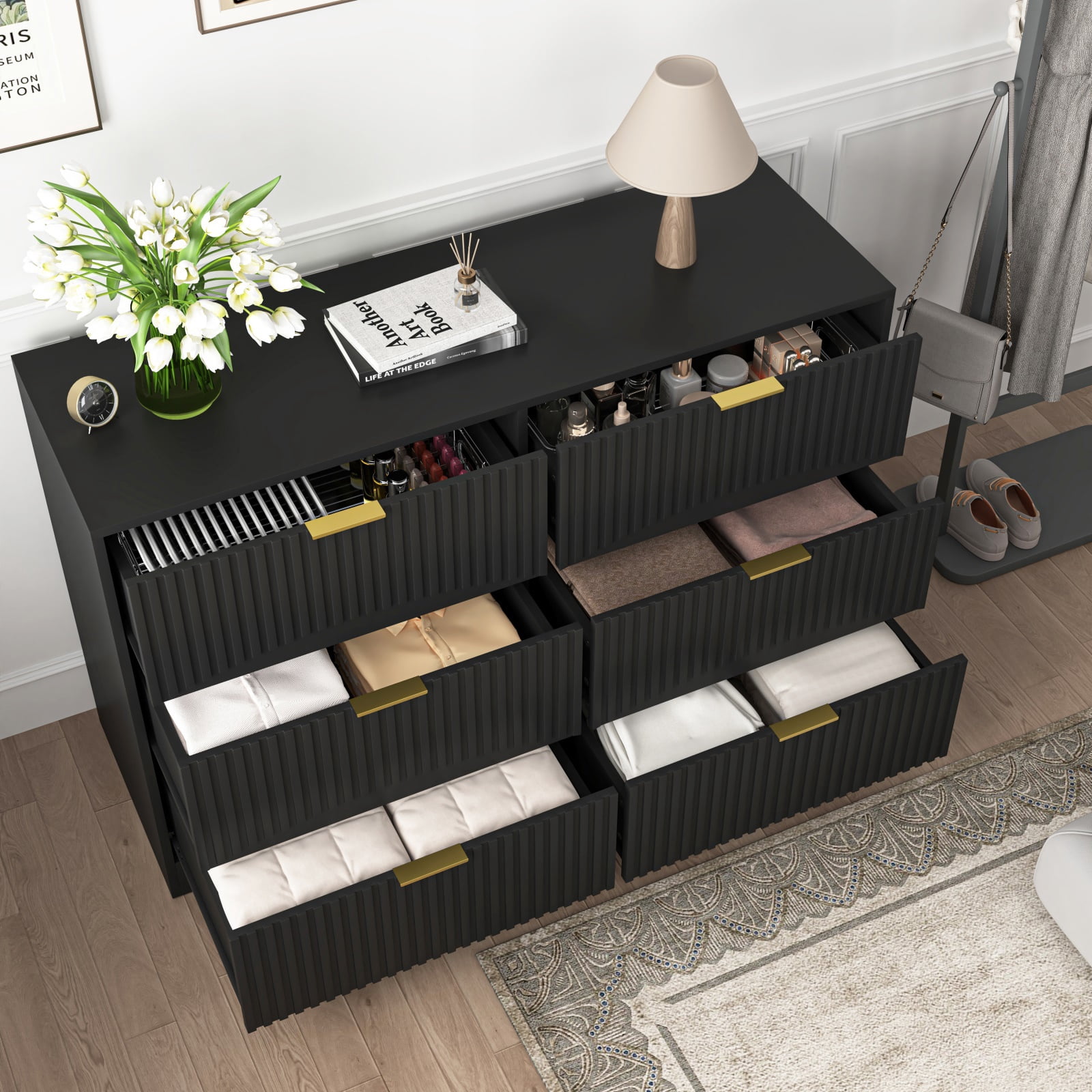 Hommoo Modern 6-Drawer Wavy Patterns Dresser Storage Cabinet Credenza, Chest of Drawers for Bedroom, Living Room, Hallway, and Entryway, Black