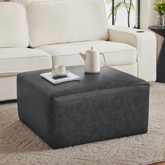 Upholstered Square PU Leather Ottoman, Black