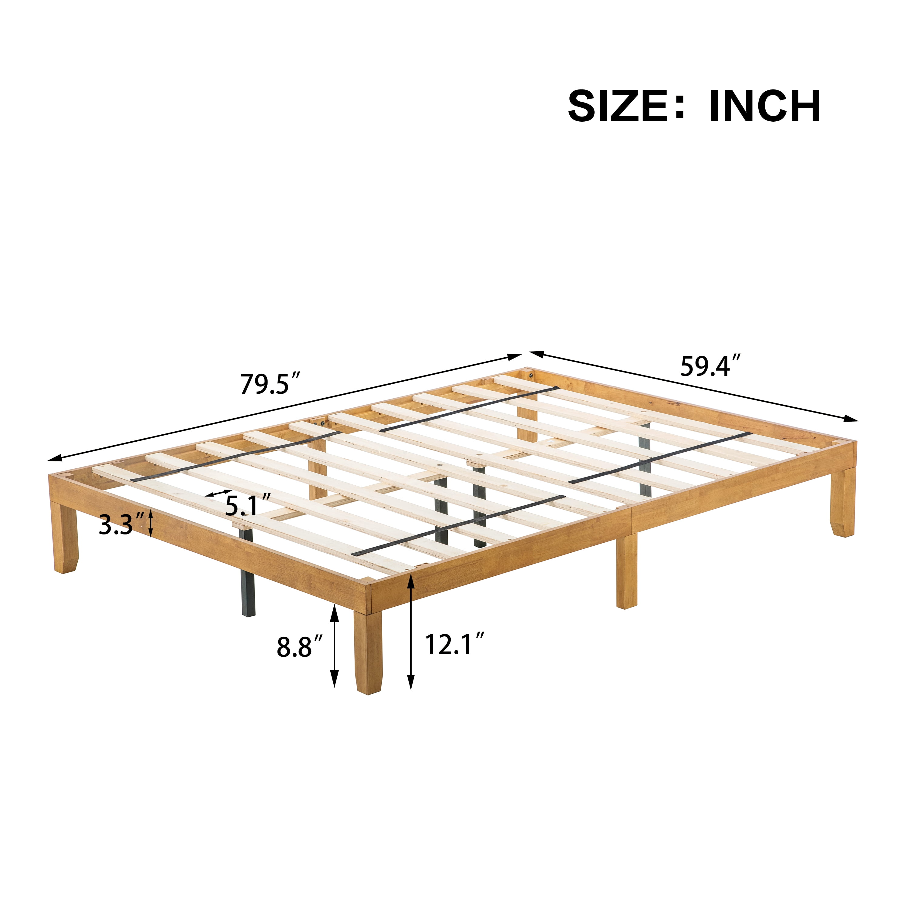 SIBEDS 12 inch Queen Size Bed Frame Solid Wood with Slats, No Box Spring Needed, Heavy Duty 700 lbs, Noise-Free, Easy Assembly, Natural