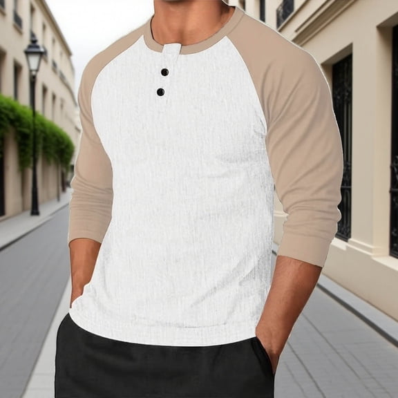 CQONEPT Mens Henley Shirt Raglan Long Sleeve Henley T Shirt Sport Athletic Tee Color Block Button Game Day Tops Khaki XL