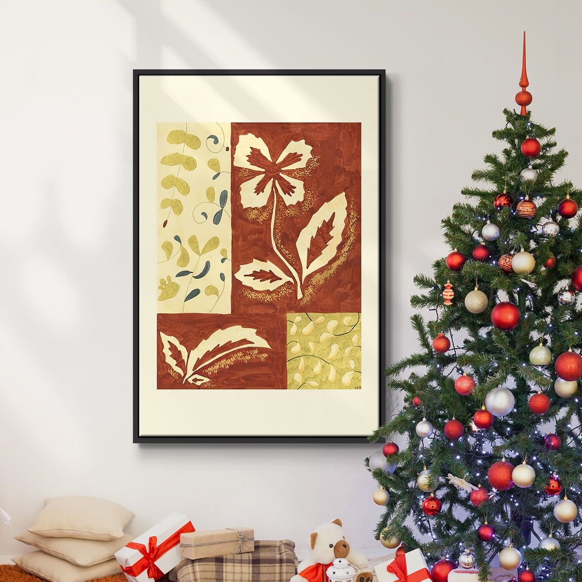 Festive Floral II - Framed Gallery Wrapped Holiday Canvas - 27 x 41 - Black Frame