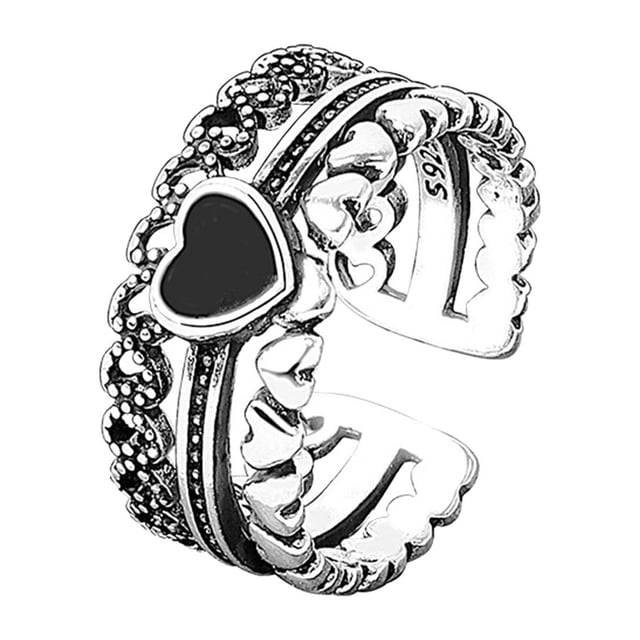 Anillo Vintage Hada Corazón Negro Apilable Retro Punk Anillo Dedo Abierto para Mujeres Niñas