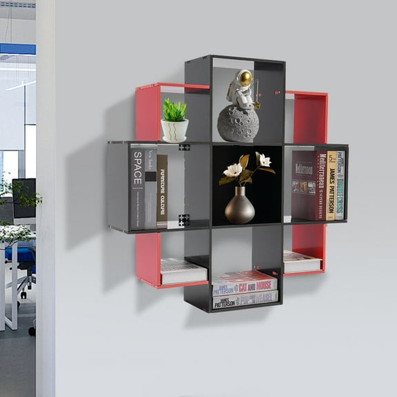 Black, Red Wall-mounted  Bookcase, Book Shelf, Bookcase With Three Sizes 9 Compartments For Study, Office, Kitchen, Bedroom