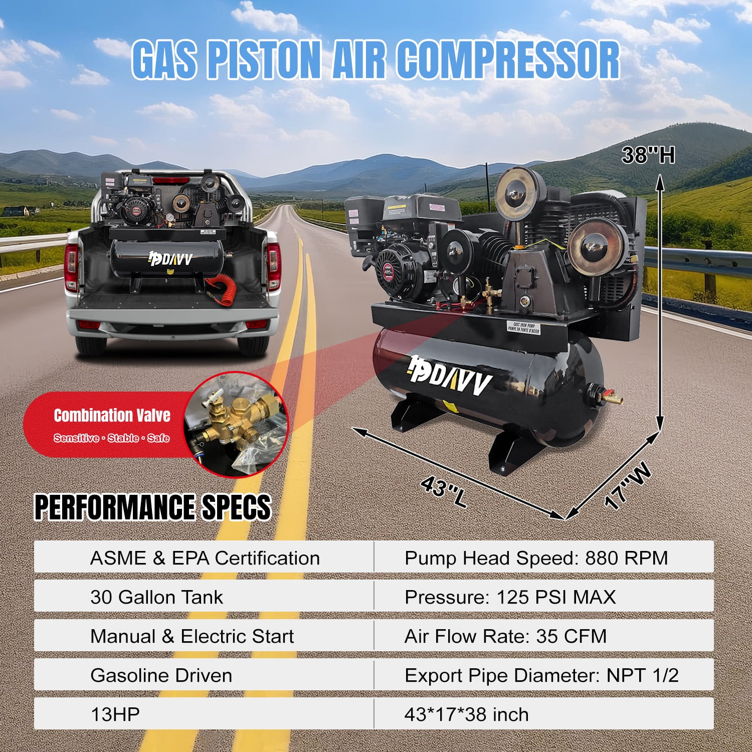 HPDAVV 13HP Gas Powered Air Compressor, 30 Gallon Horizontal ASME Tank, 3-Cylinder Cast Iron Piston Pump, 44 CFM @ 125 PSI for Service Trucks and Mobile Construction