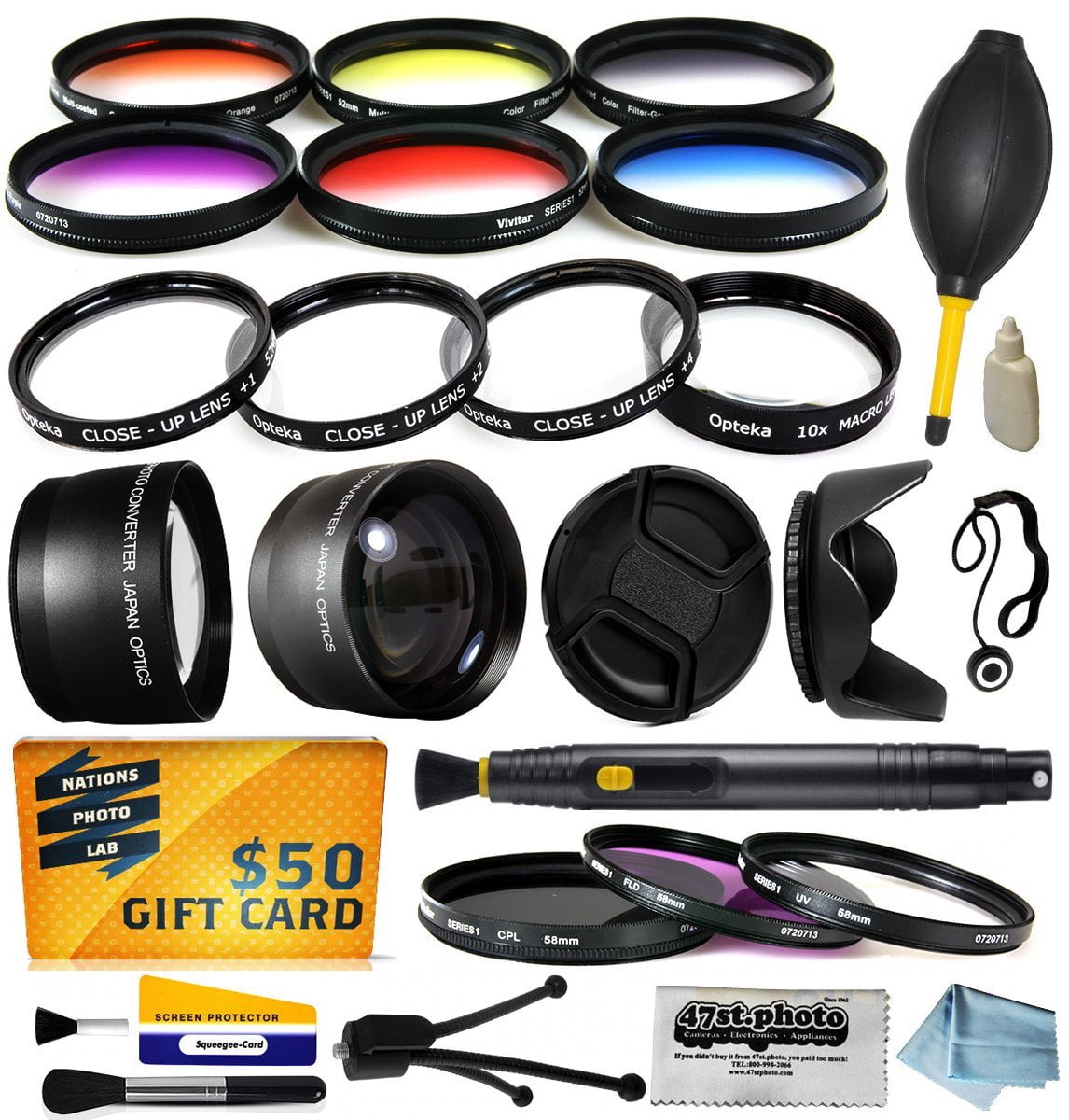 58mm Pro Lenses Filters Kit includes 0.43x + 2.2x Lens, UV, CPL