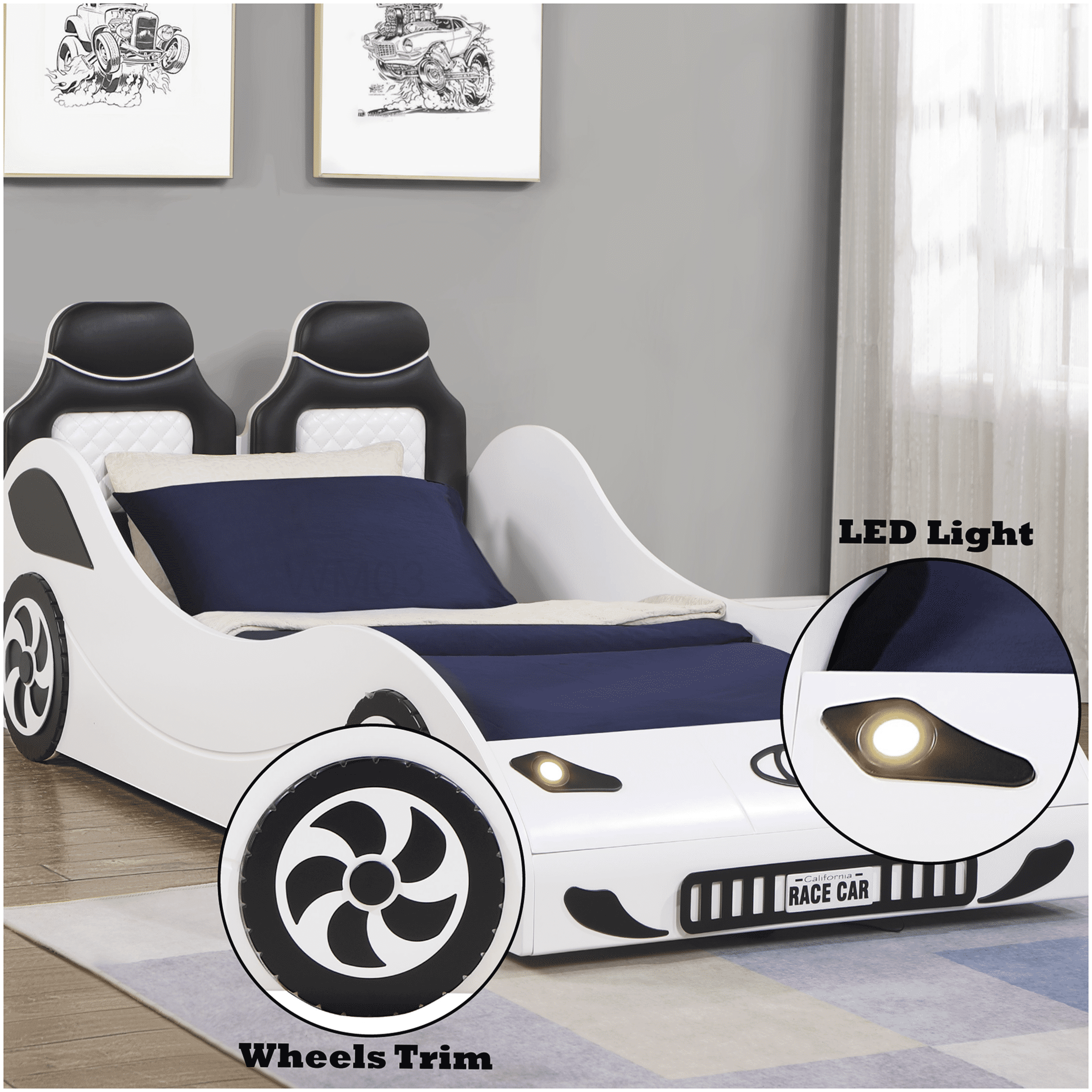 Twin Size Low Profile Platform Car Bed with LED Lights and PU Leather Upholstery, White