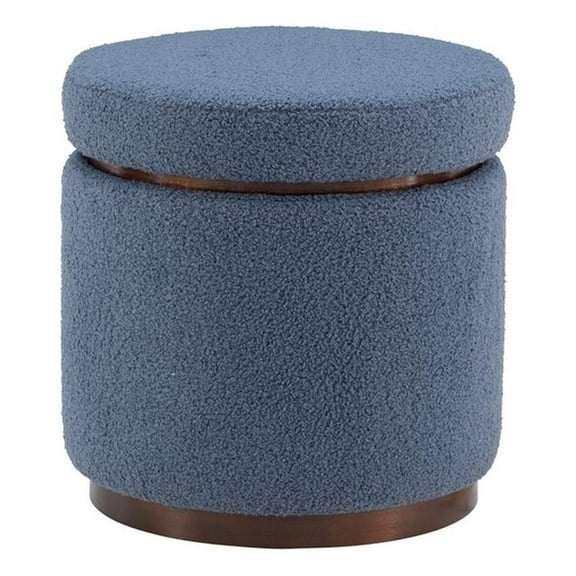 Linon Hawn Round Padded Storage Ottoman Dark Wood Trim in Blue Gray Sherpa