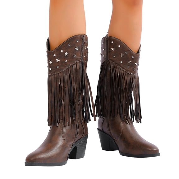 SACFOF Fringe Cowboy Boots for Women – Mid Calf Cowgirl Boots with Star Studded, Pointed Toe and Chunky Heel, Perfect for Country Music Festivals