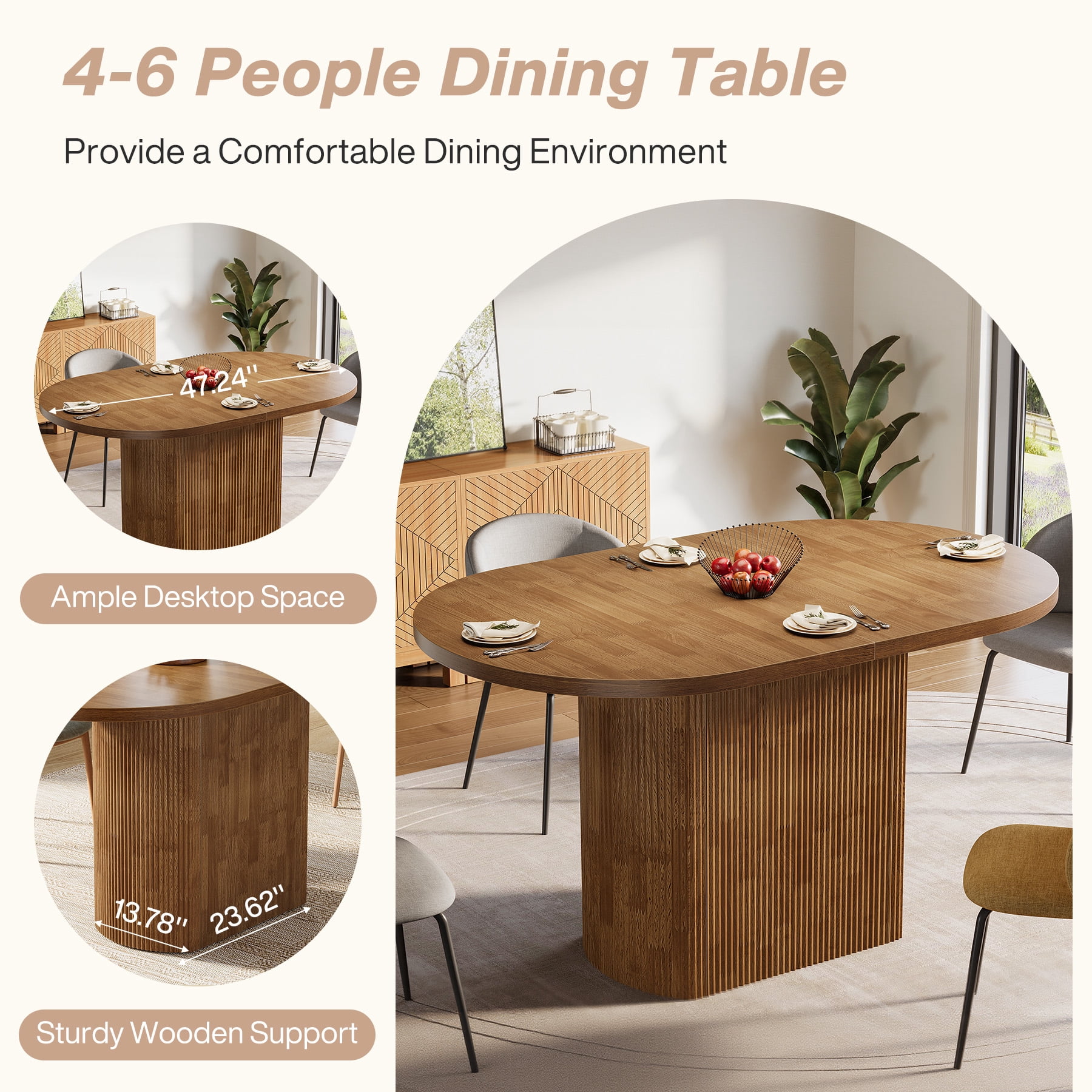 Fnova 47.24" Oval Dining Table, Wooden Kitchen Table for 4, Small Farmhouse Coffee Eating Table for Dining Room, Kitchen, Living Room, Brown