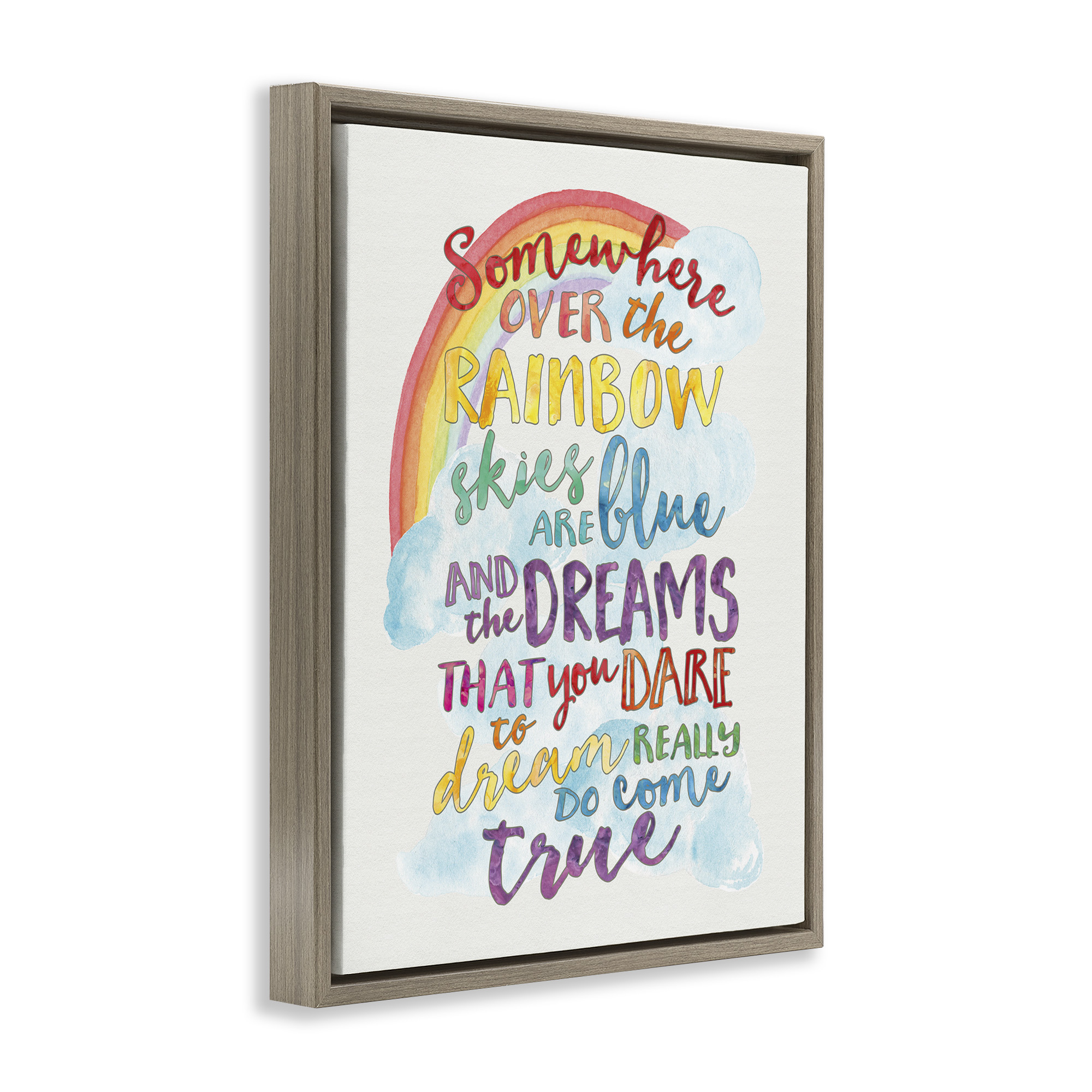 Stupell Industries Somewhere Over the Rainbow With Rainbow Art for Kids Painting Brown Floater Framed Canvas Art Print Wall Art, 17 x 21
