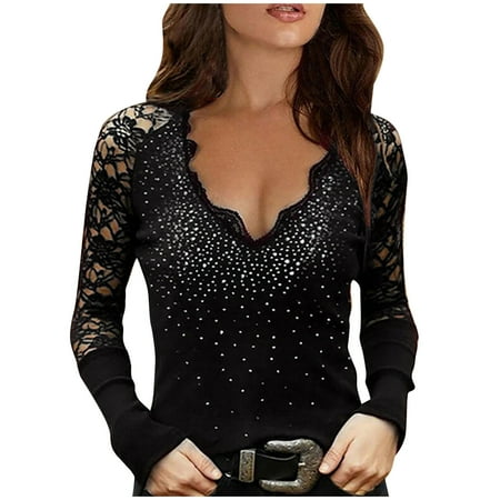 

Women Solid V-neck Long Sleeve Lace T Shirt Polluver Blouse Tops