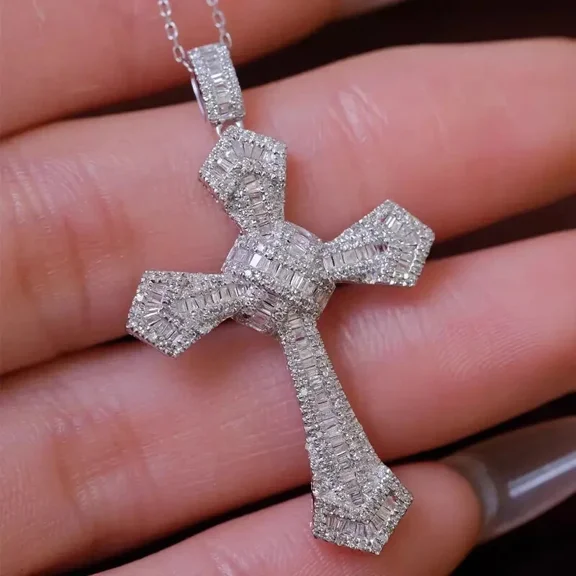 Forever Jewels 5Ct Round Moissanite Womens Cross Pendant Necklace 14K White Gold Plated