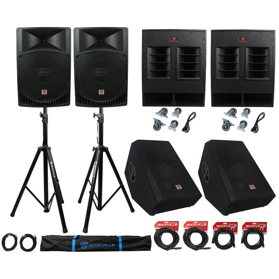 Rockville PA System w/ 15" Speakers 18" Subwoofers 15" Monitors Stands Cables
