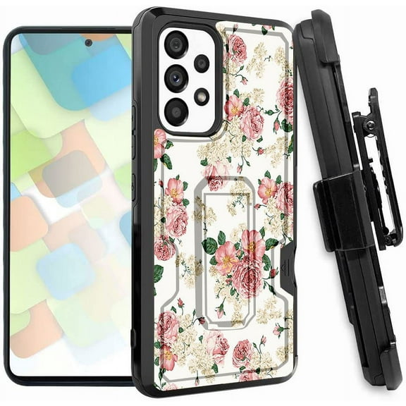 ANJ  Rugged Dual Layered Holster Case w/Kickstand, Card Slot Case   Tempered Glass Cover for Samsung Galaxy A53 5G - Pink Rose Decoration