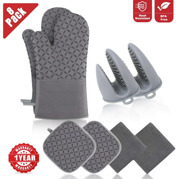 Heat Resistant Oven Mitts & Pot Holders - 500°F, Oven Gloves, Extra Long, Non-Slip Silicone Texture for Baking, Cooking, BBQ (Grey)