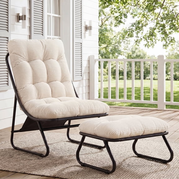 Omniberg Outdoor Lounge Chair with Ottoman, Oversized Papasan Chair with Puffy Cushion and Foot Rest, Comfort Patio Lounger for Yard Deck Garden and Indoor Use, White