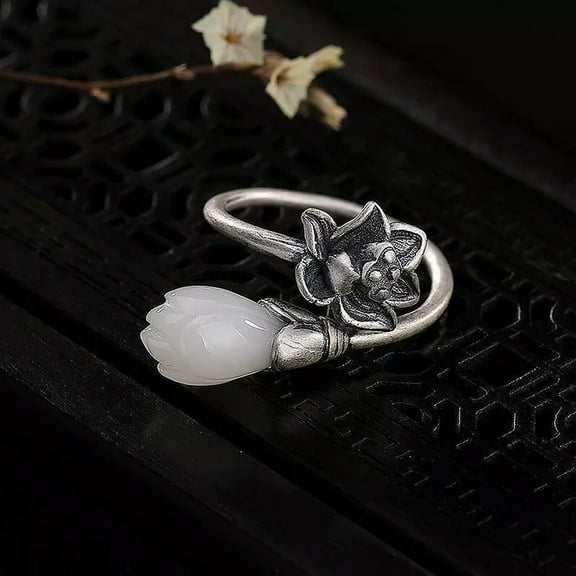 K-KED White Jade Lotus Rings Delicate Jewelry Women Adjustable Ring 925 Silver Charms Natural